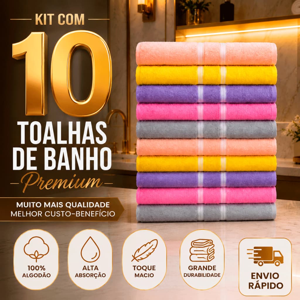 Kit 10 Toalhas de Banho 60x120 Macias 100% Algodão Excelente Custo Benefício