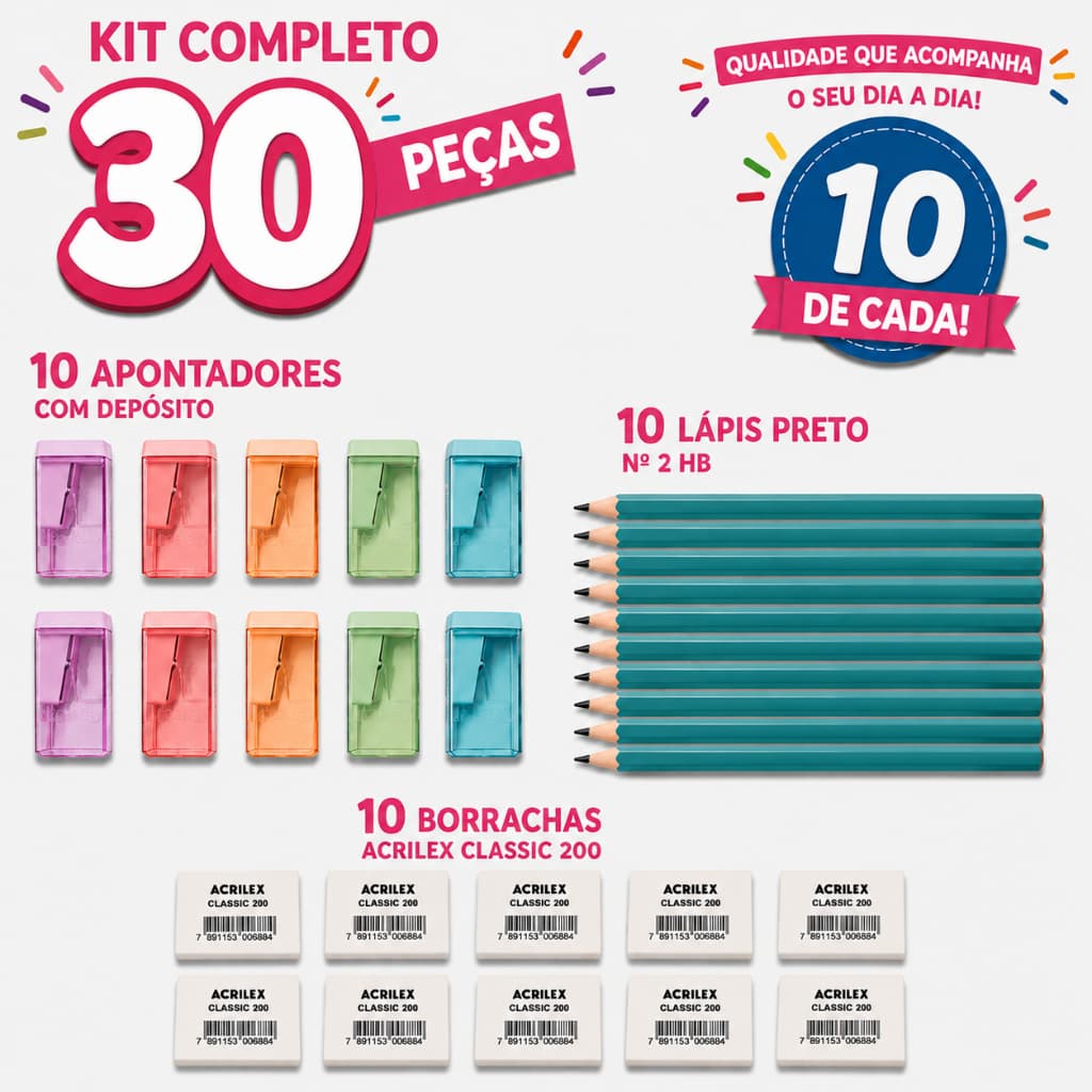 Kit 10 Apontadores Pastel com Depósito 10 lápis HB Leo e Leo e 10 Borrachas Brancas Acrilex