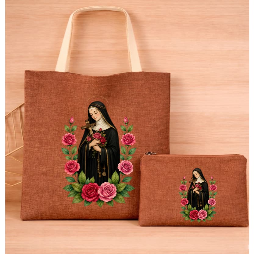 Kit Bolsa Santa Rita de Cassia Linho Mochila Catolica Missa Necessaire Lançamento
