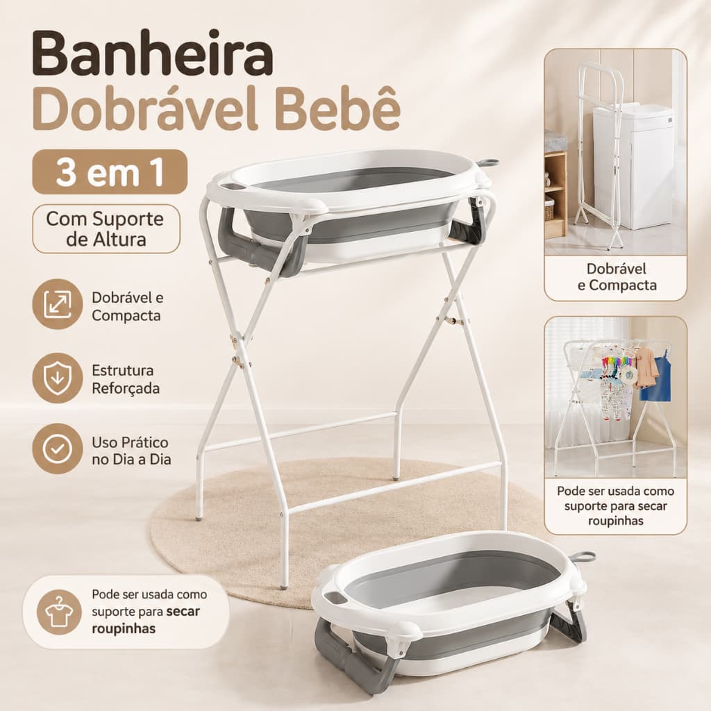 Banheira Dobrável Bebê 3 em 1 Com e Sem Suporte De Altura Portátil Infantil Banho Recém Nascido