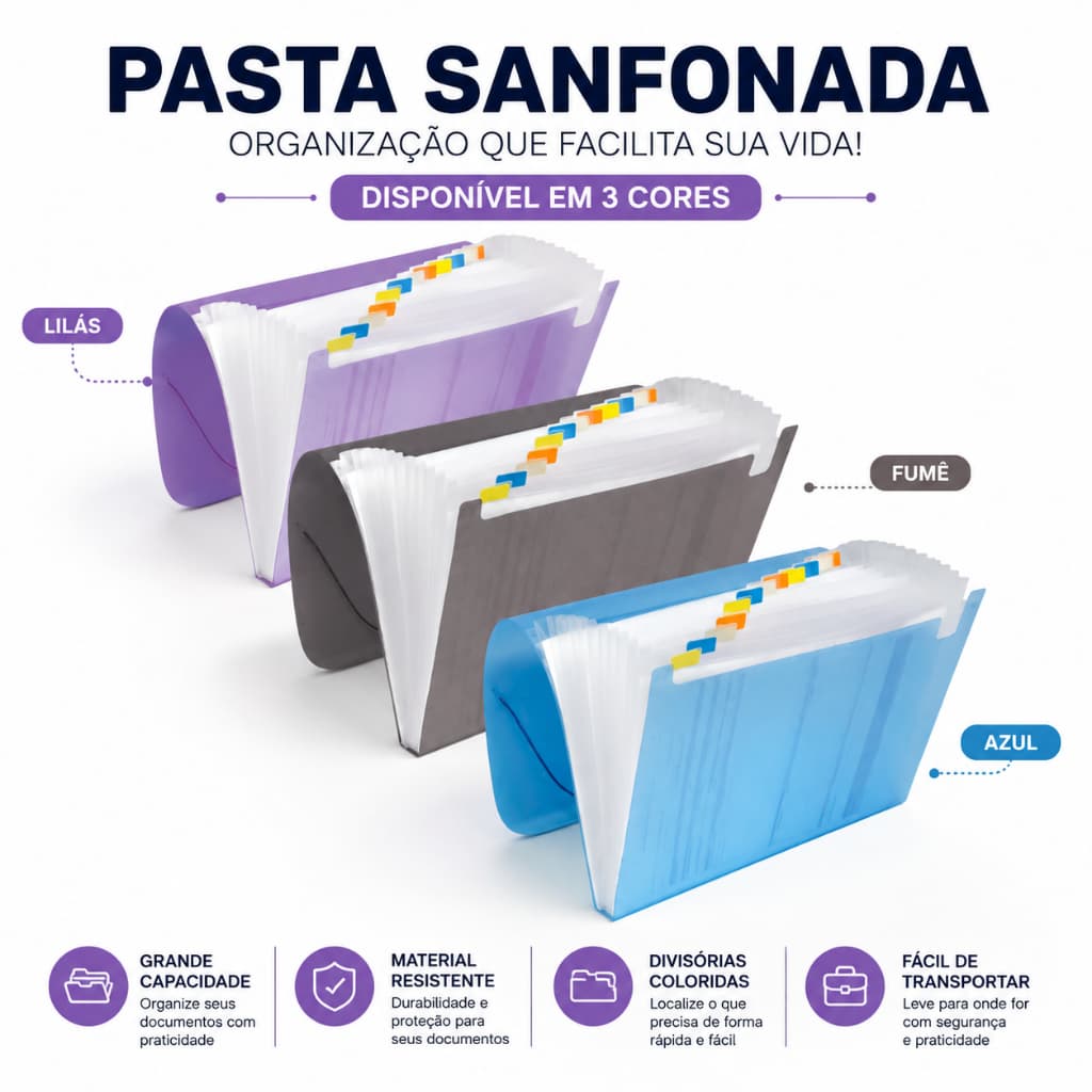 Pasta Sanfonada A4  com 12 Divisórias Coloridas Porta Documentos