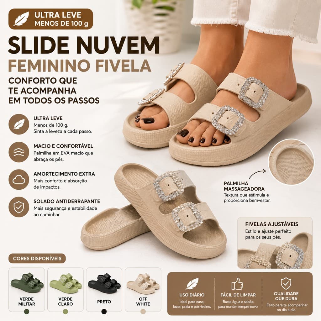 Slide Tamanco Nuvem Feminino Fivela Camilo Macio Ultra Leve Menos de 100 g