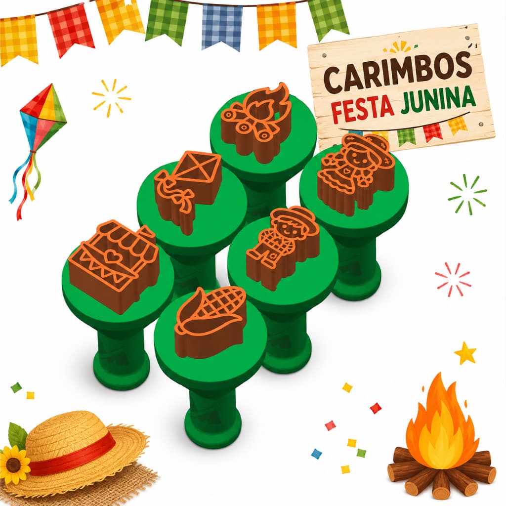 Kit 6 Carimbos 3D Festa Junina para Doces e Brigadeiros | Milho, Fogueira, Balão e Caipira