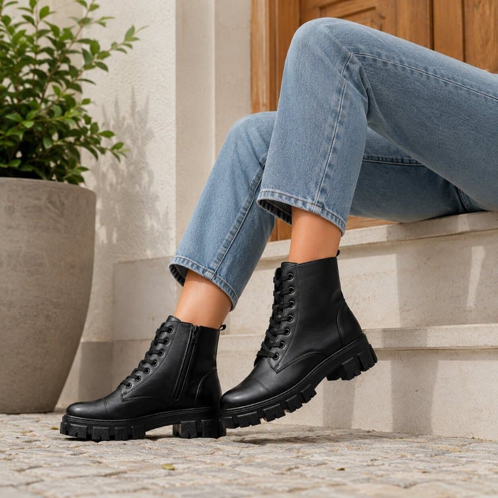 Bota Coturno Feminino Tratorado Preto Couro P.U Cano Médio Estilosa Confortável