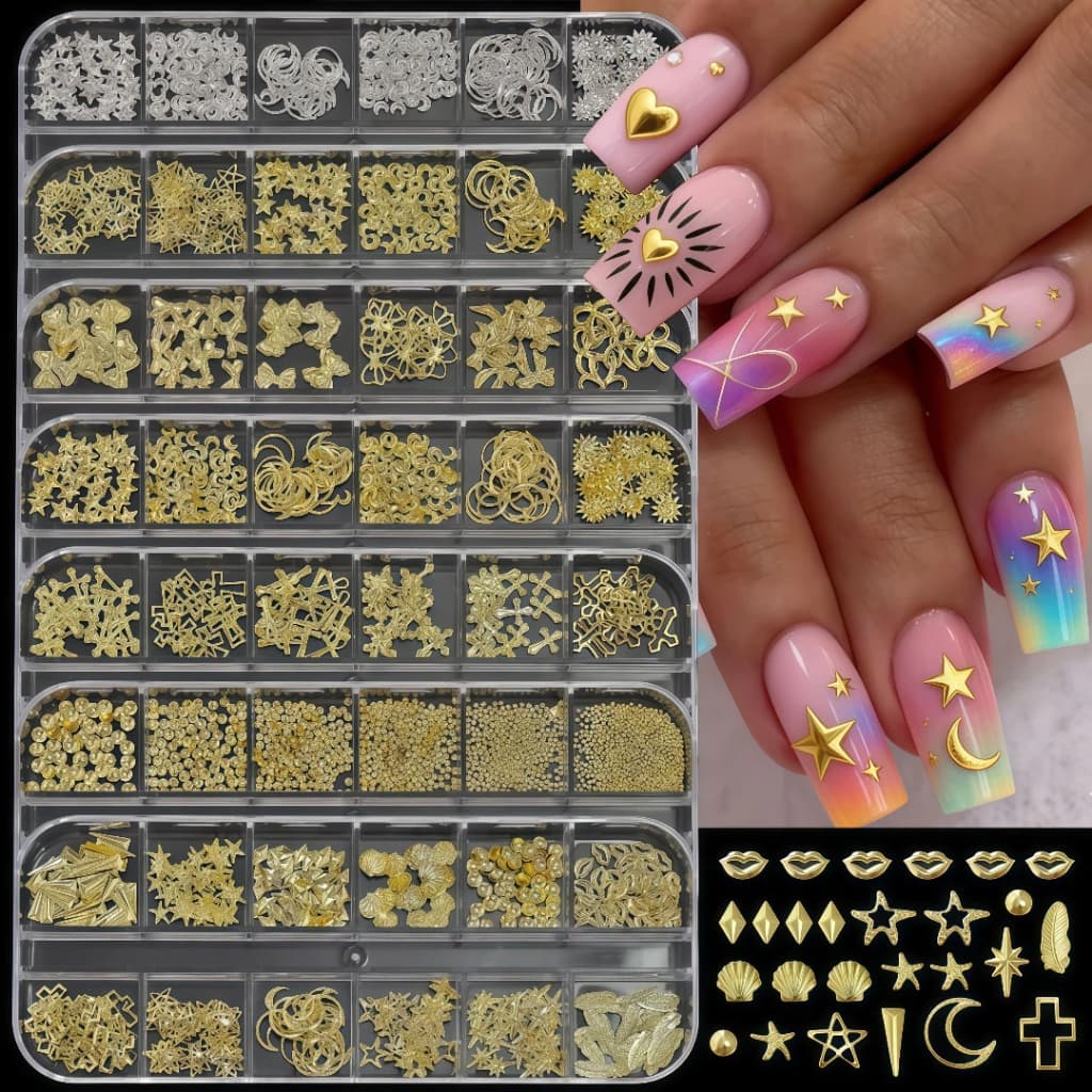 Caixa c/12 Grades Decoração Unhas Metal Dourado Prata Charms Estrelas Lua Corações Laços Pedrarias Nail Art
