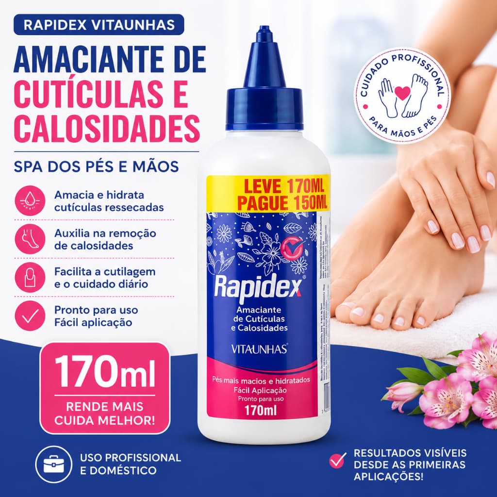 Amaciante de Cutículas e Calosidades Vitaunhas Rapidex 170ml Spa dos Pés Mãos Unhas Manicure Pedicure Profissional