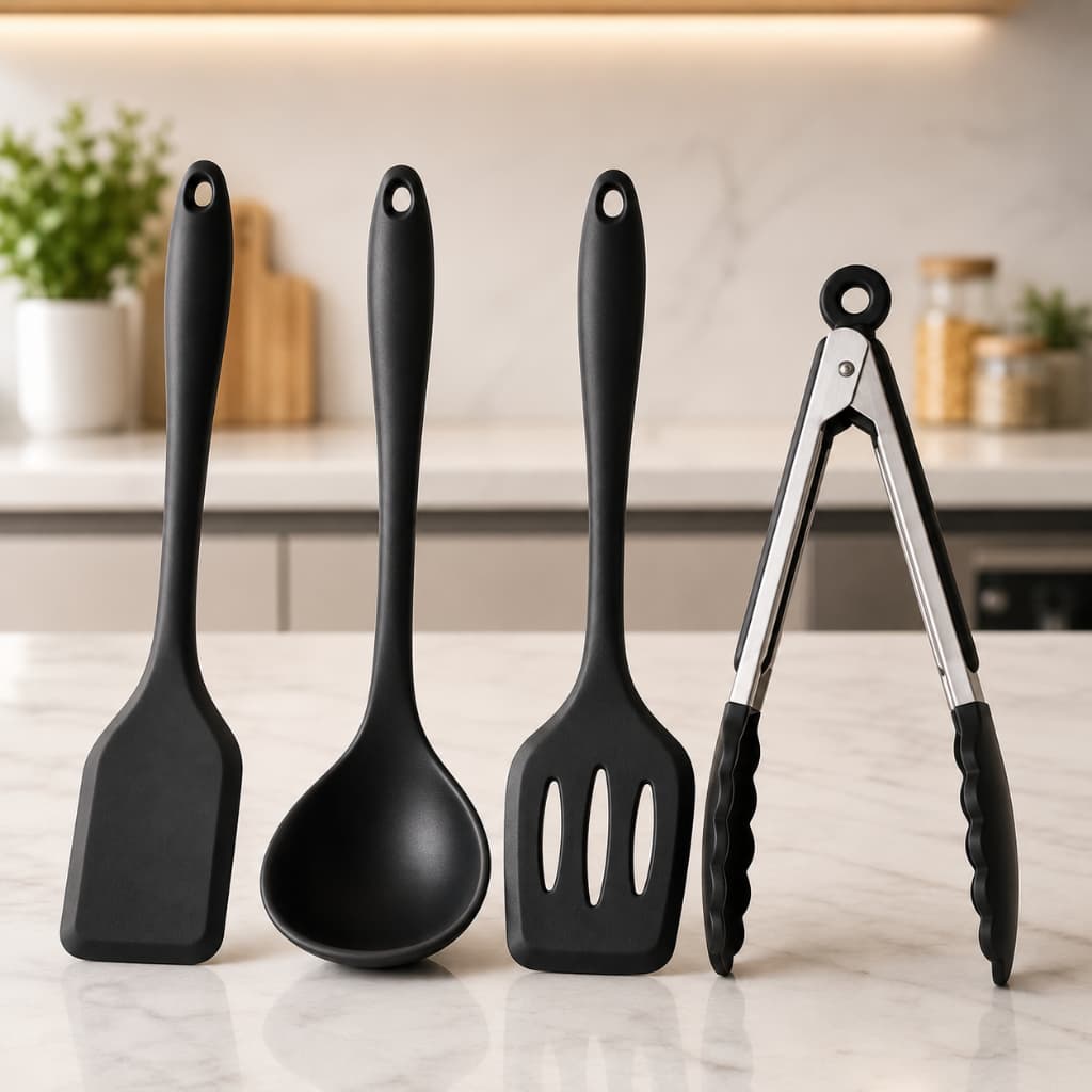 Kit Utensílios de Cozinha Silicone Premium 4 Peças Espátula Concha Pegador Antiaderente e Resistente