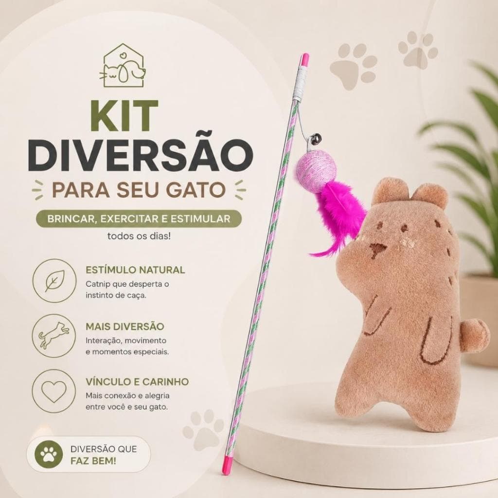 Kit Brinquedos Para Gatos Varinha Interativa Pelúcia Catnip
