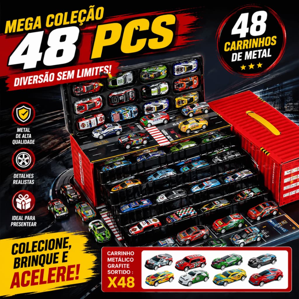 Kit 48 Carrinhos de Fricção com Pista – Brinquedo Educativo e Colecionável em Contêiner