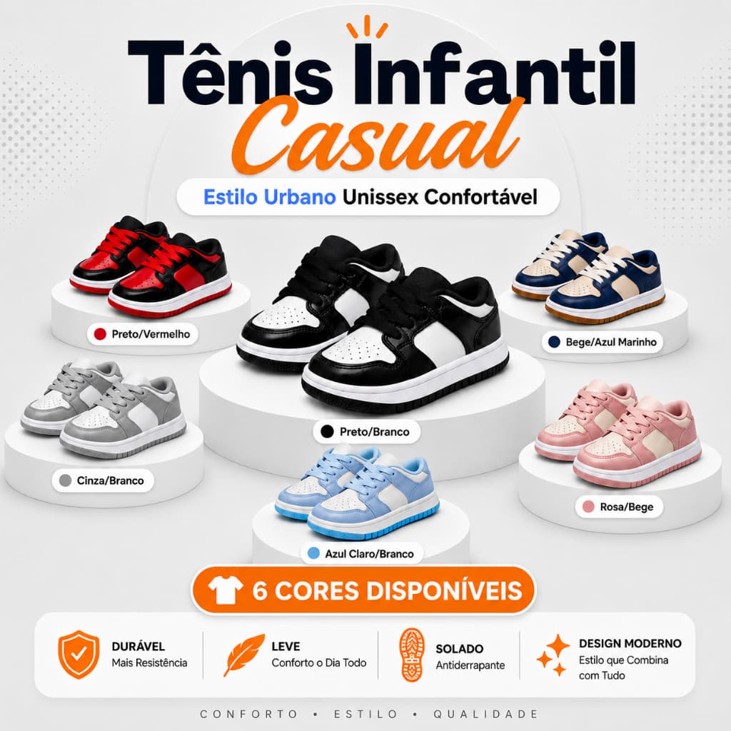 Tênis Infantil Casual Unissex Estilo Street Confortável com Variações de Cores