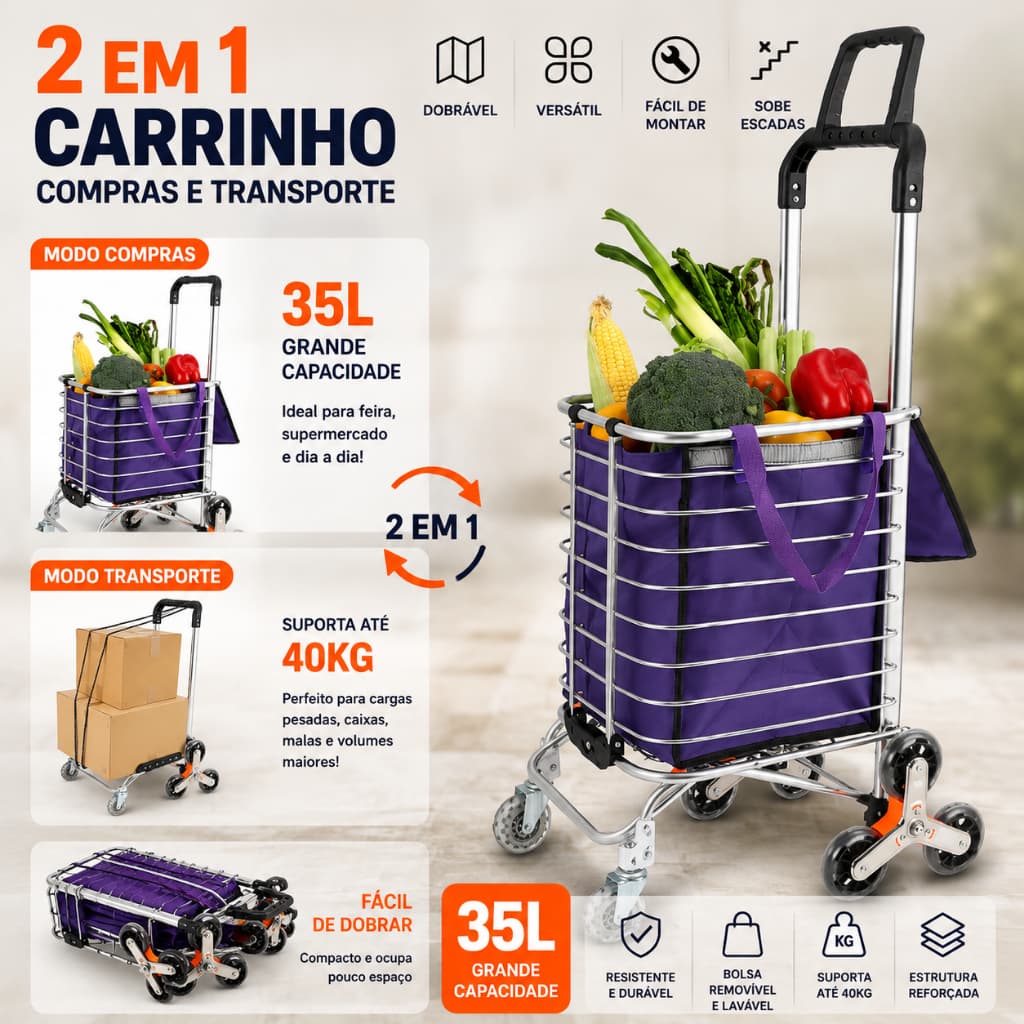 Carrinho 2 em 1 Dobrável Alumínio 8 Rodas Sobe Escada 35L Portátil Compras Feira Transporte Pesado