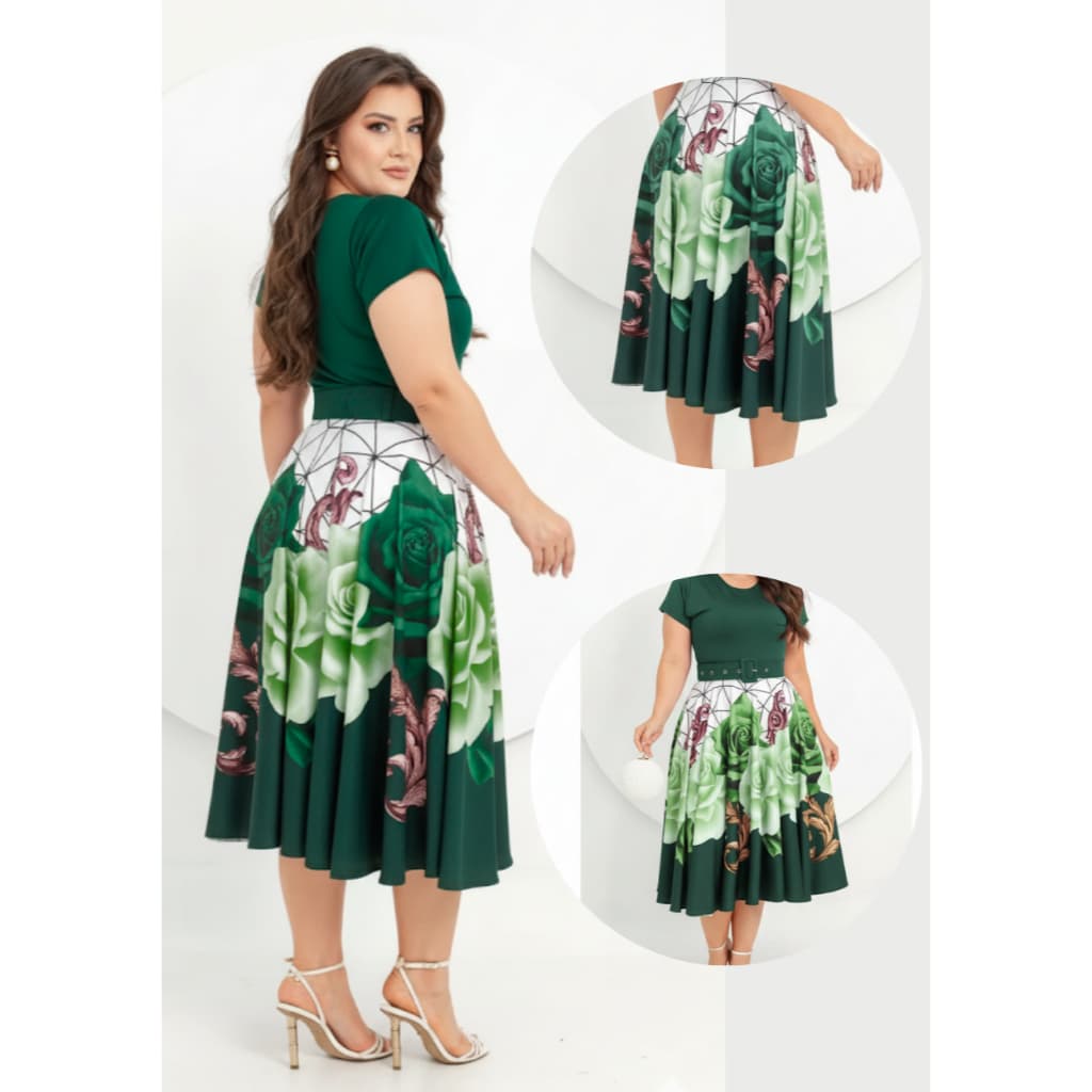 VESTIDO MIDI GODÊ VERDE  FLORIDO REF 176 (ACOMPANHA CINTO) P AO G3