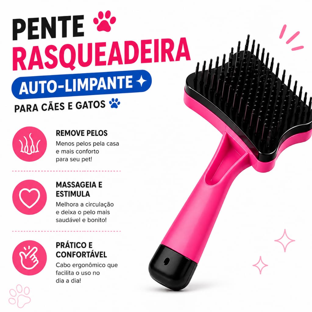 Escova Rasqueadeira Pet Auto Limpante – Removedor de Pelos para Cães e Gatos (Azul, Rosa e Laranja)