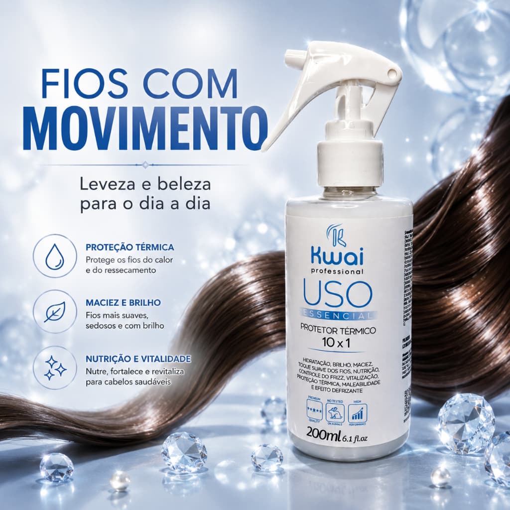 Protetor Térmico 10x1 Kwai Professional 200ml Finalizador Capilar Maciez Alinhamento e Definição dos Fios