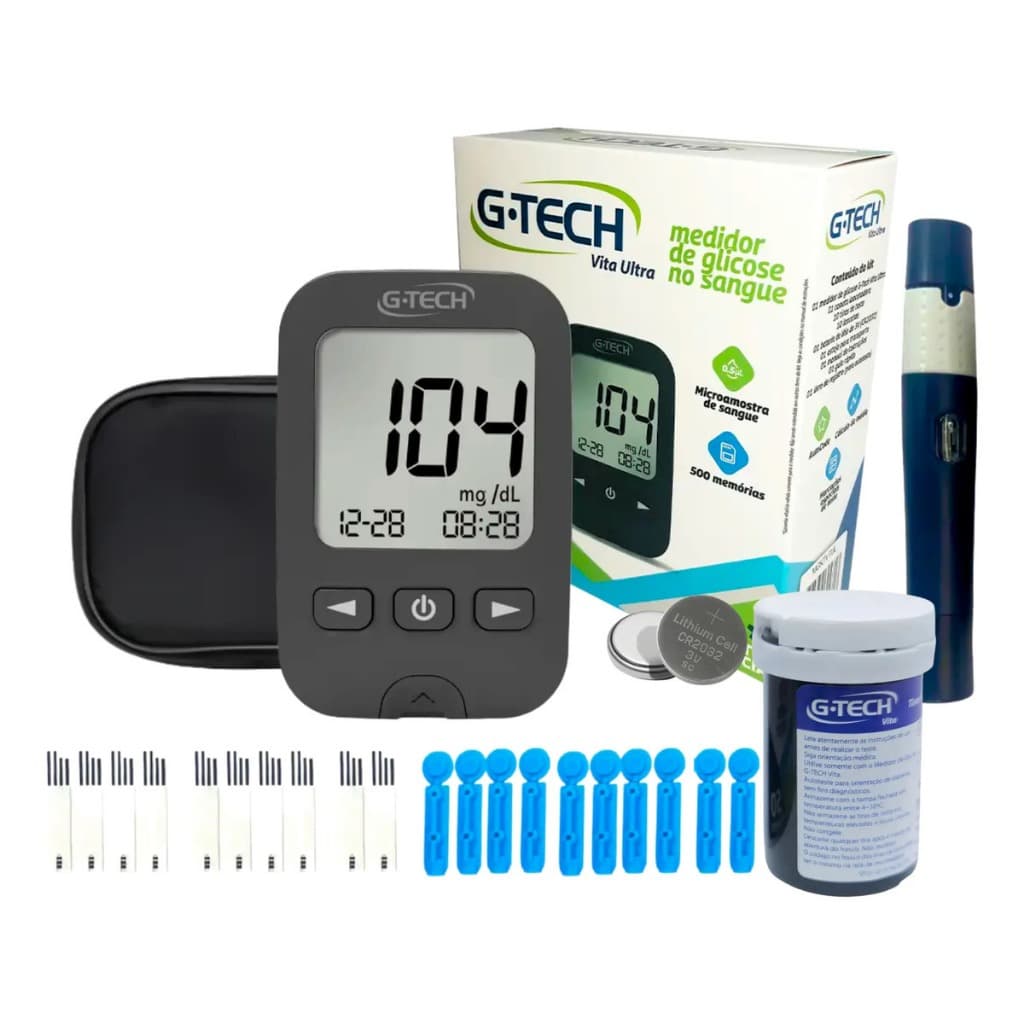 Medidor Glicose Diabete Gtech Vita / Ultra Kit Com 1 Aparelho 1 Caneta 10 Tiras 10 Lancetas Completo