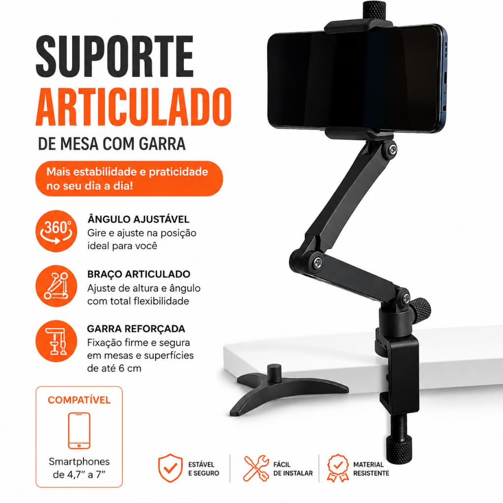 Suporte para Celular Articulado com Garra de Mesa | Ajuste 360° para Gravações, Lives e Videochamadas | Dois Tamanhos