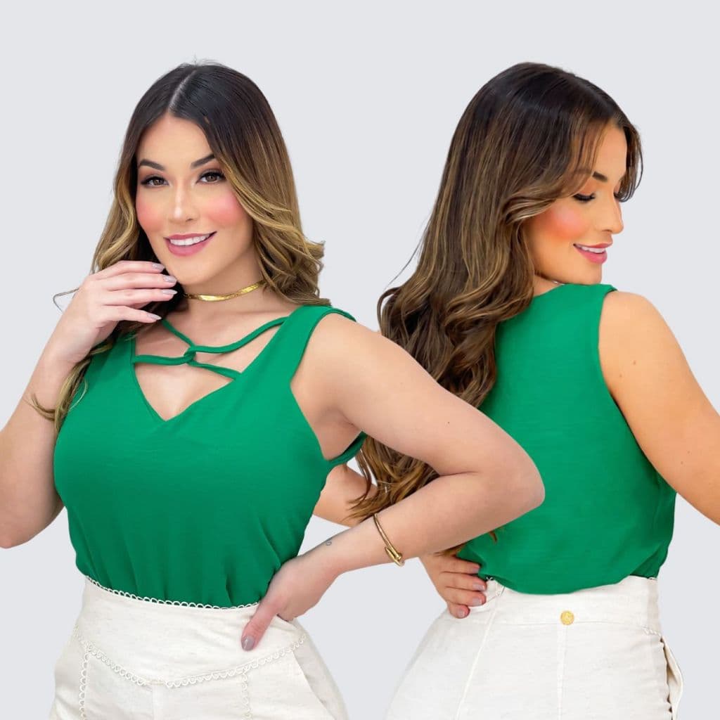 Blusa Feminina Regata Decote V Detalhe Cruzado Elegante Moda Casual Chic