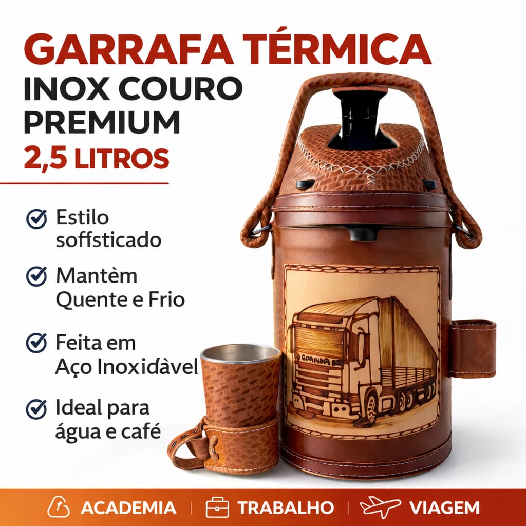 Garrafa Térmica De Couro 2,5 Litros Para Tereré Chimarrão Com Copo Artesanal