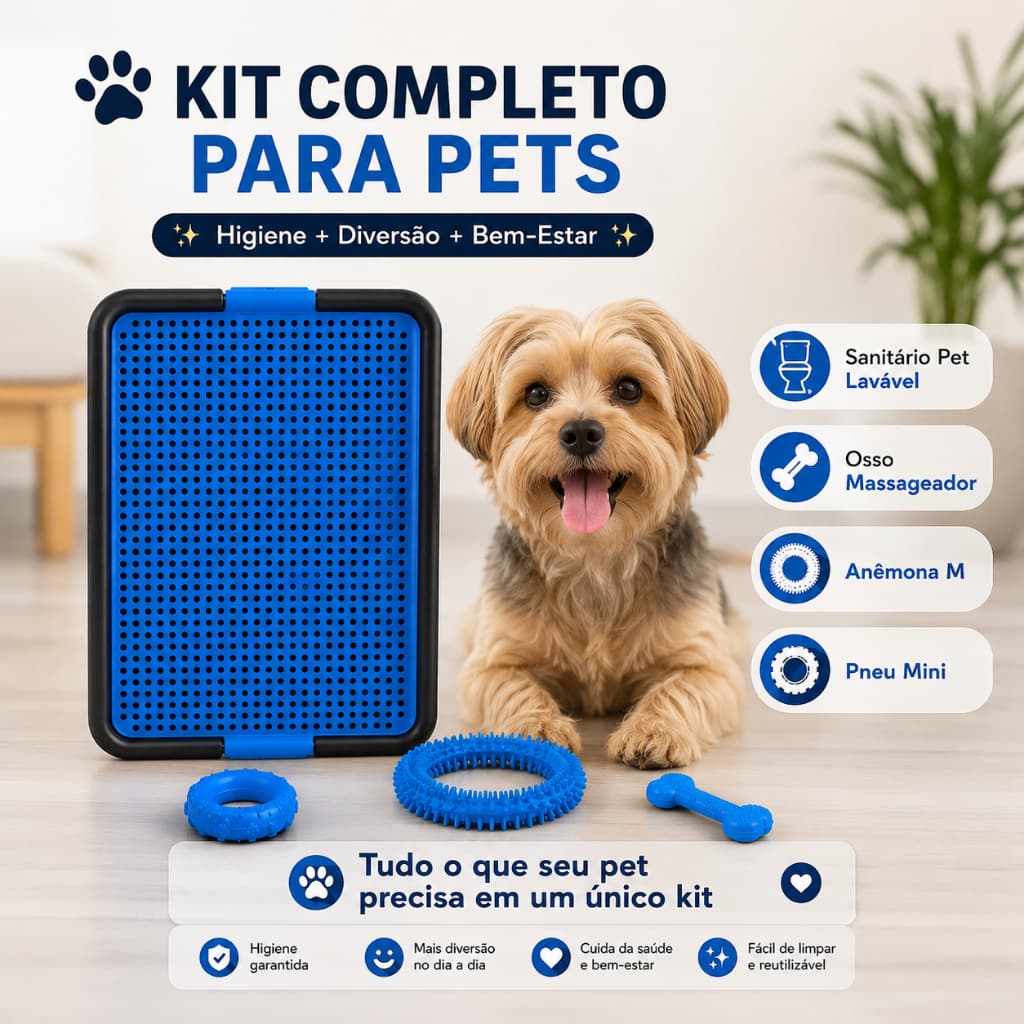 Kit Adestramento Fácil para Cão Filhote com Sanitário Lavável e Brinquedos Mordedores Porte Pequeno