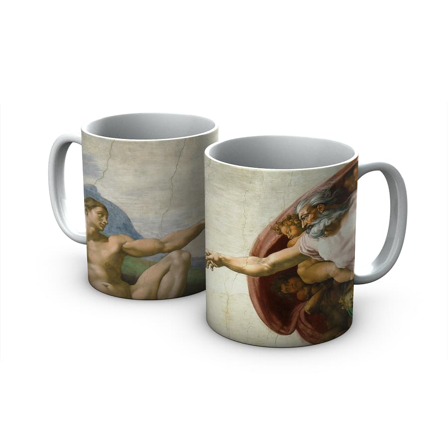 Caneca Michelangelo Criação de Adão Cerâmica Personalizada Porcelana Xícara Presente