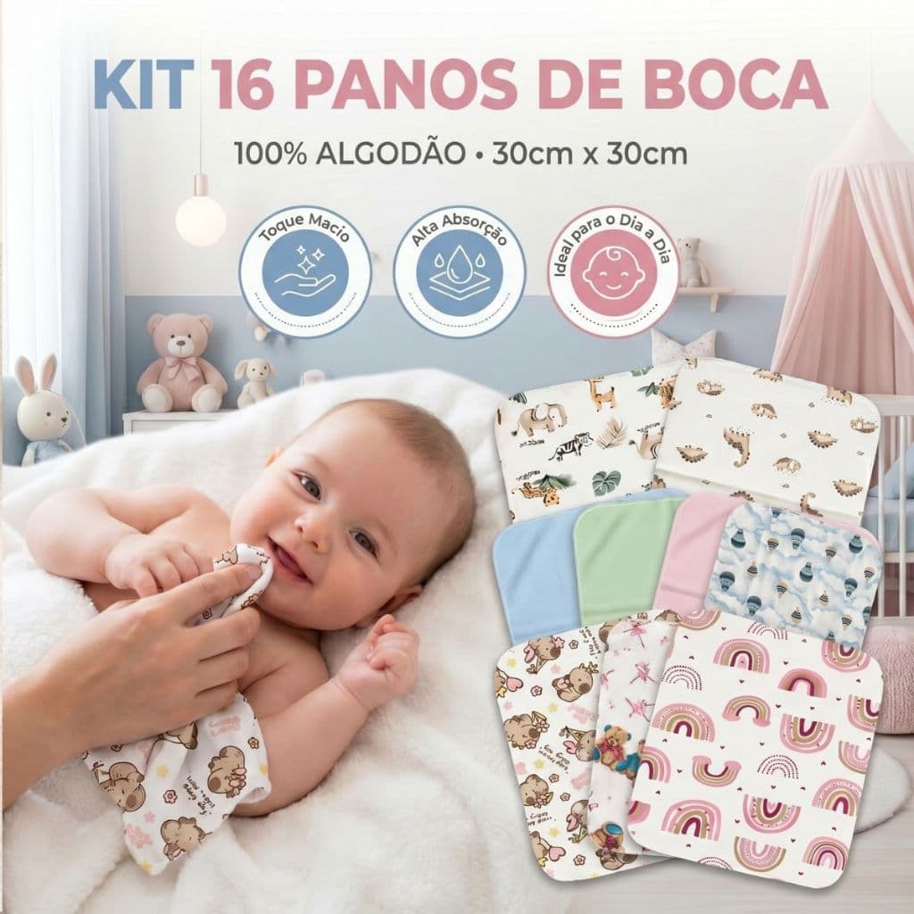 Kit 16 Fralda De Boca Bebe Babete Infantil 30x30cm Algodão Paninho Pano Estampado Menino Menina