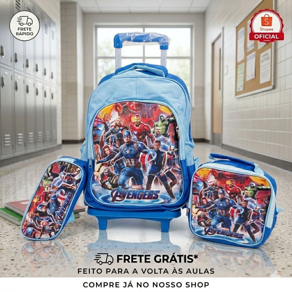Mochila de Rodinhas Avengers Infantil Kit Escolar Completo com Lancheira Térmica e Estojo