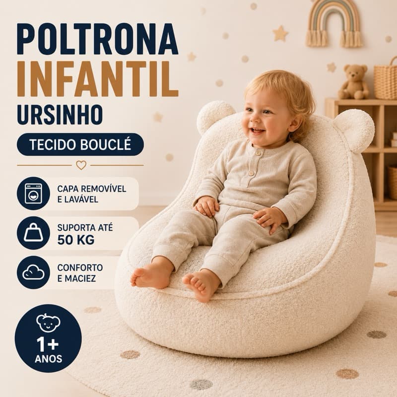 Poltrona Infantil Ursinho Bouclé Montessori Quarto Bebê Criança