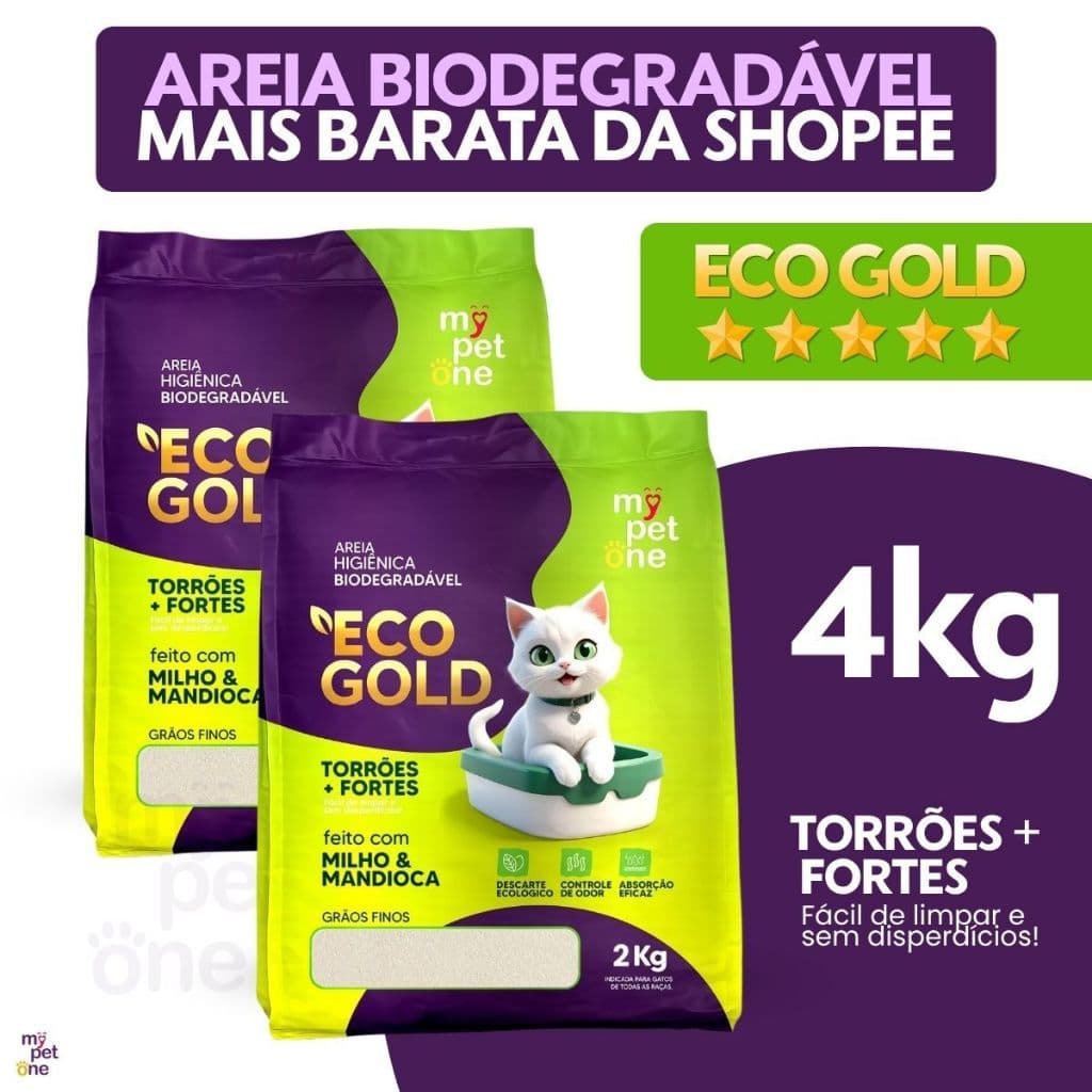 Kit 2 Areia Biodegradável Milho e Mandioca para Gatos Cat Bio Eco Gold Grãos Finos MyPetOne - 4Kg