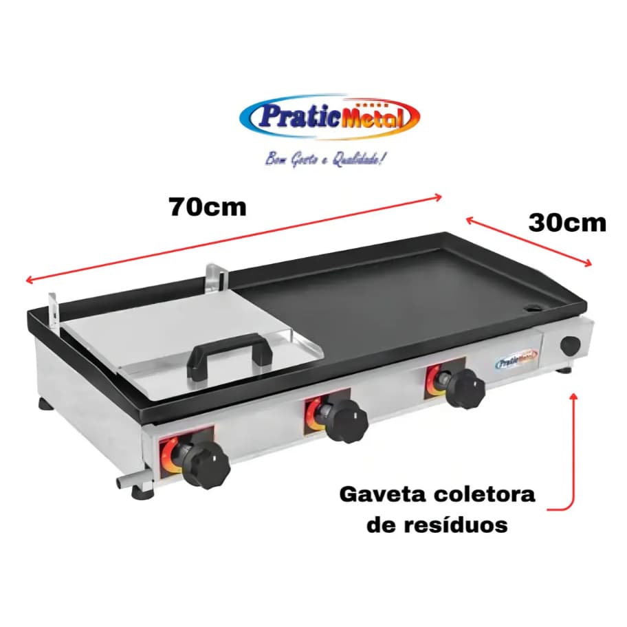Chapa Hambúrguer Lanche a Gas 70x30 3 Queimadores Profissional Chapeira Sanduicheira Lanches Porções