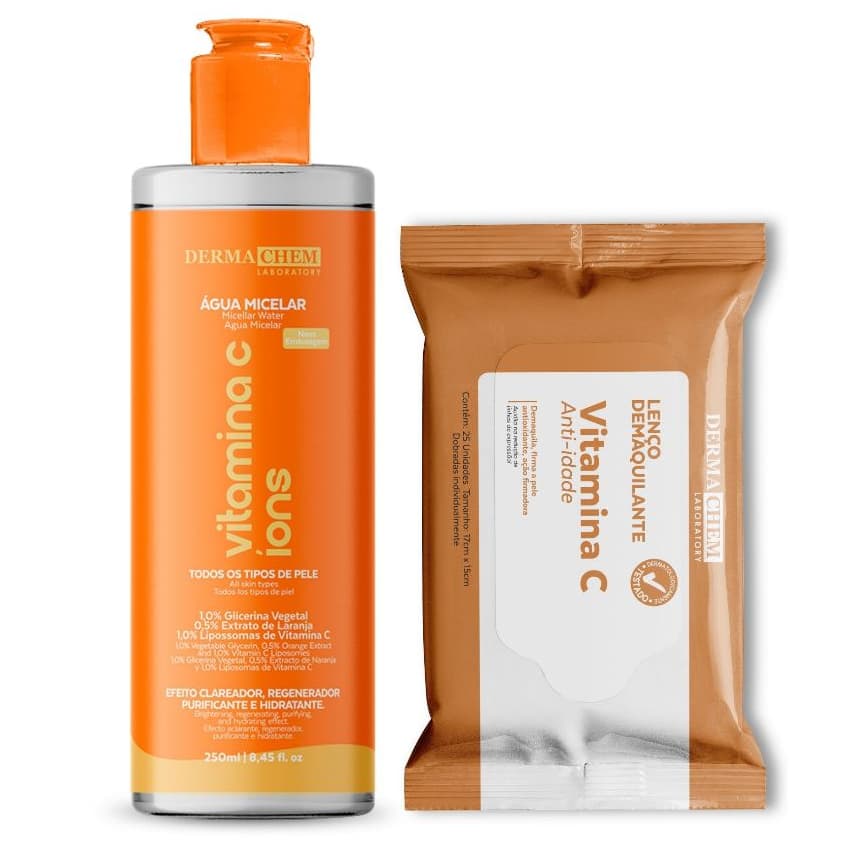 Kit Água Micelar Vitamina C + Lenço Demaquilante Vitamina C Dermachem Limpeza Facial Completa
