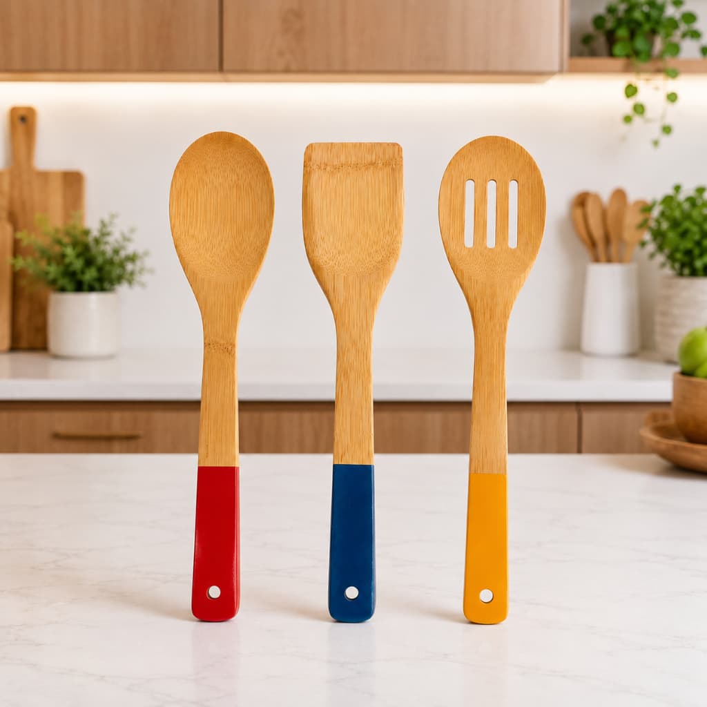 Kit Utensílios de Bambu 3 Peças Colher Espátula e Colher Vazada