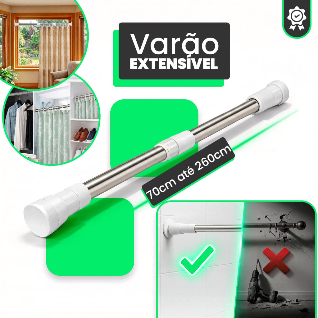 Varão Extensível Grande Em Inox Ajustável Suporte Resistente Bastão Porta Cortina de Box e Banheiro Barra Multiuso