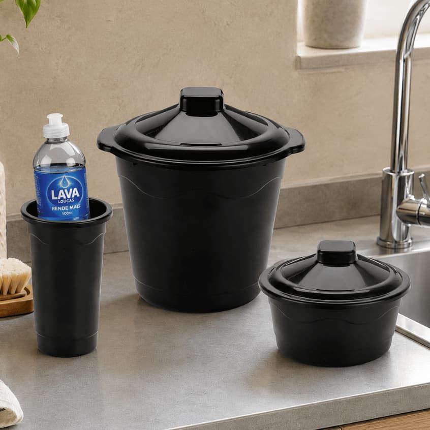 Kit Pia 3 Peças Porta Detergente Porta Sabão com Tampa e Lixeira 2,7L Organizador de Pia