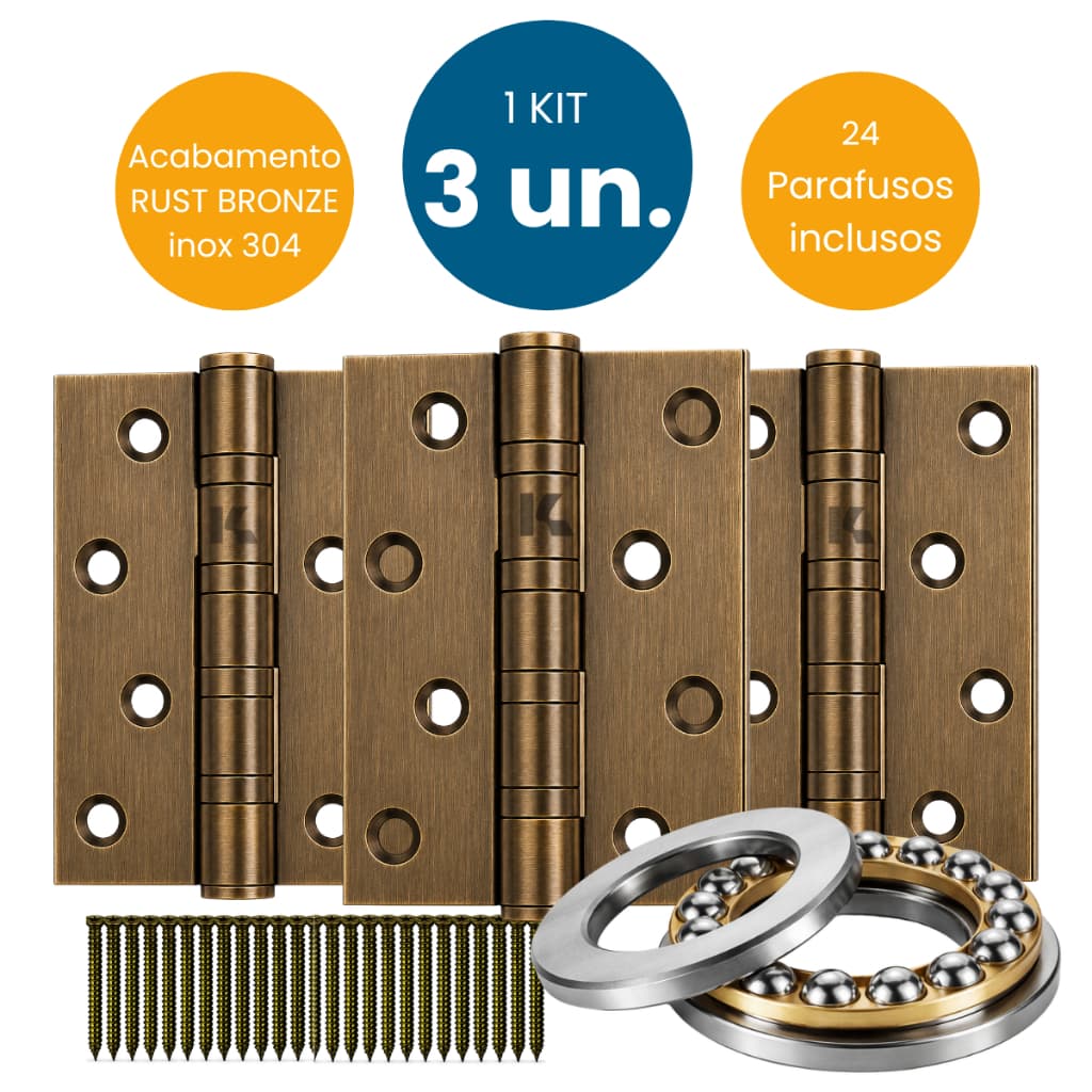 Kit 3 Dobradiças 4" Para Porta e Janela Madeira Com Rolamento Axial Inox 304 Fechamento Suave Bronze