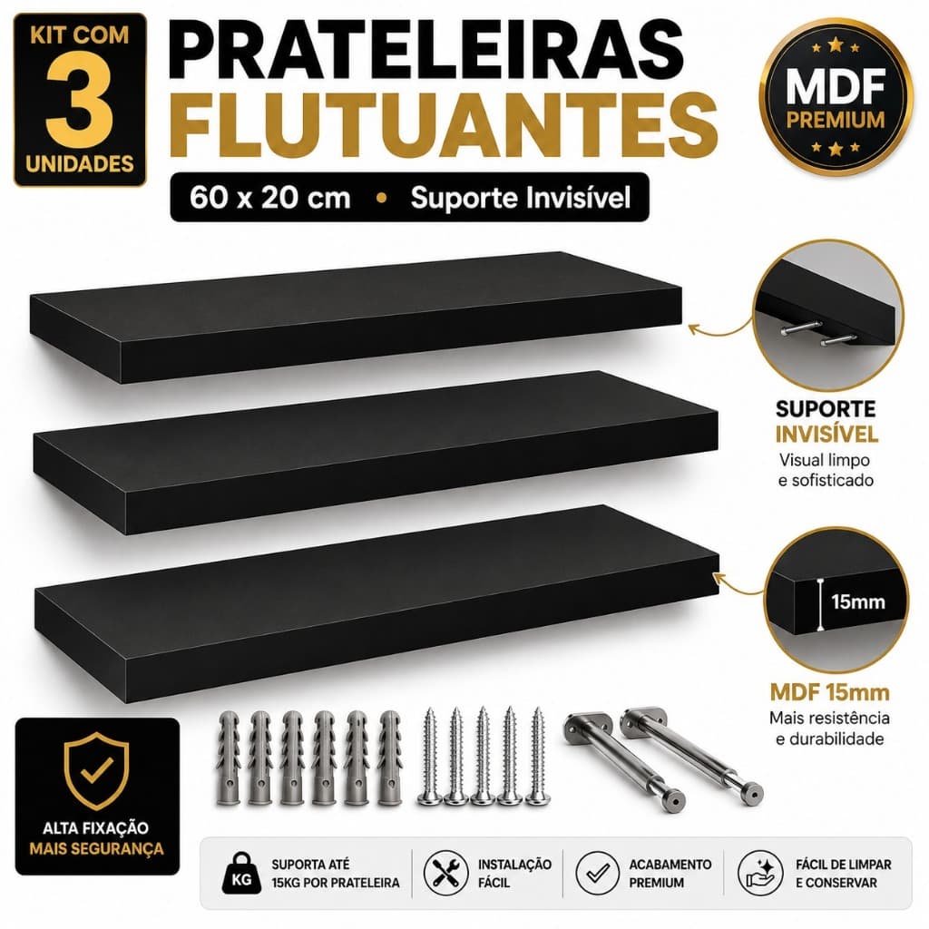 Kit 3 Prateleiras Decorativas MDF 60x20 Preto TX com Suporte Invisível