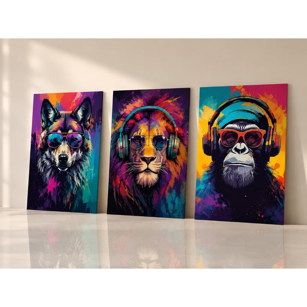 Quadros Decorativos Gamer Lobo Leão Gorila Kit 3 Peças Pop Art Neon Quarto Gamer Geek