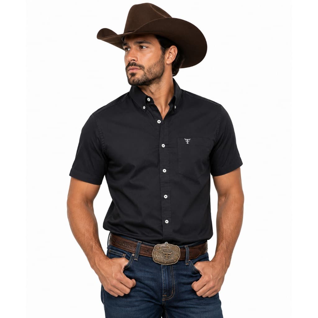 Camisa manga Curta xadrez Ariat TXC  Preta social Country rodeio linha premium