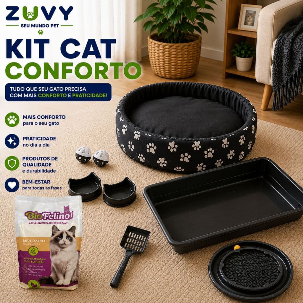 Caixa de Areia para Gato + Caminha para Gato + Areia de Mandioca 2KG Grãos Finos