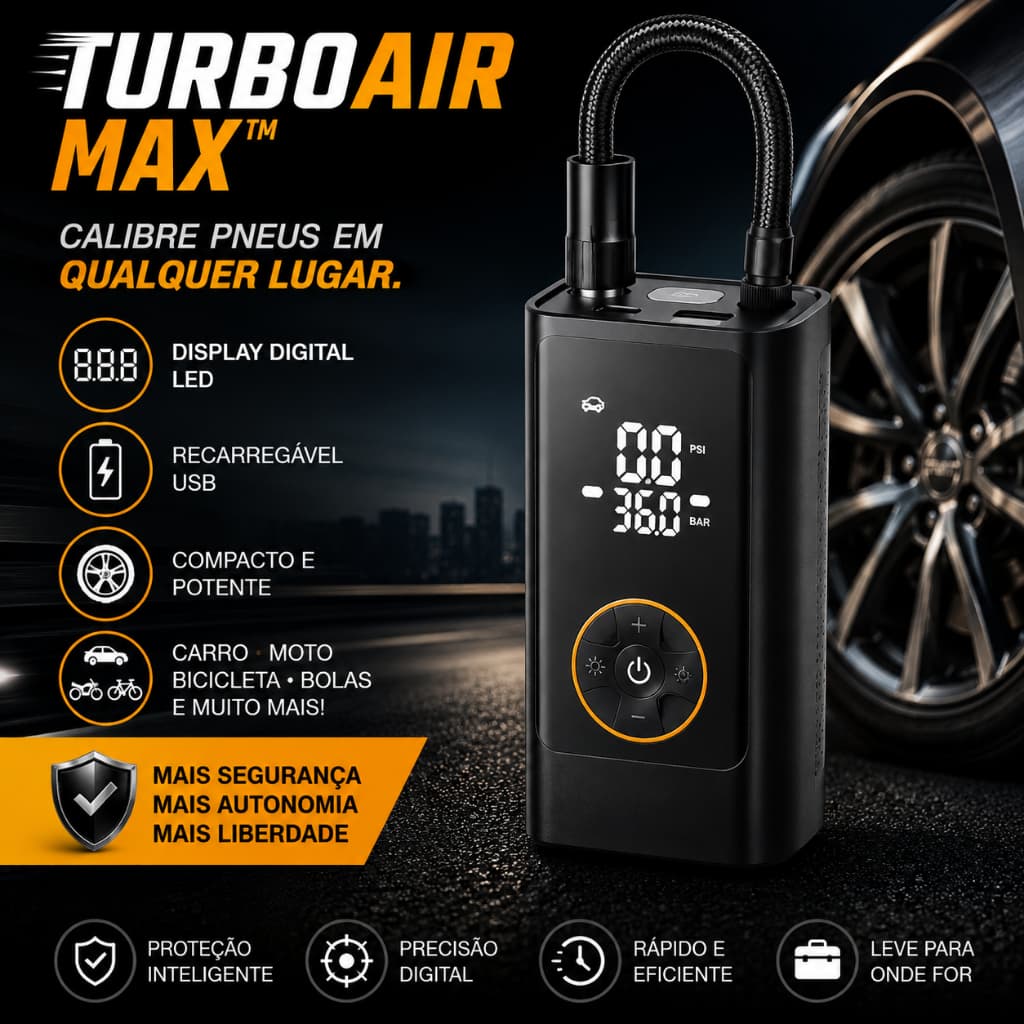 Compressor de Ar Digital Portátil Recarregável para Carro Moto Bicicleta com Display LED