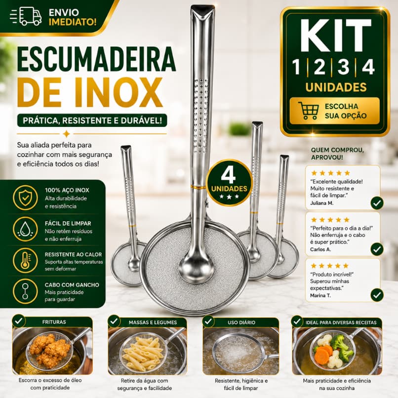 Pegador Escumadeira 28,5cm Inox 2 em 1 com Peneira 1/2/3/4 Coador e Pinça Multiuso para Frituras Massas e Alimentos