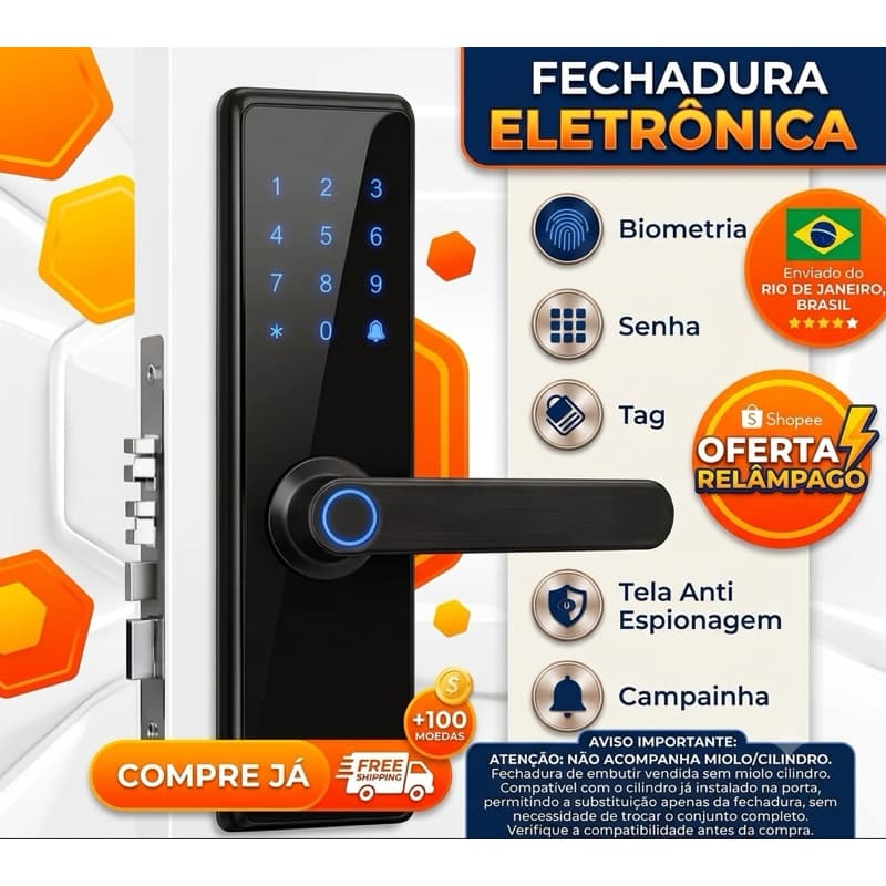 Fechadura Inteligente Digital 5em1 Biométrica Impressão Digital Senha Cartão Tuya APP