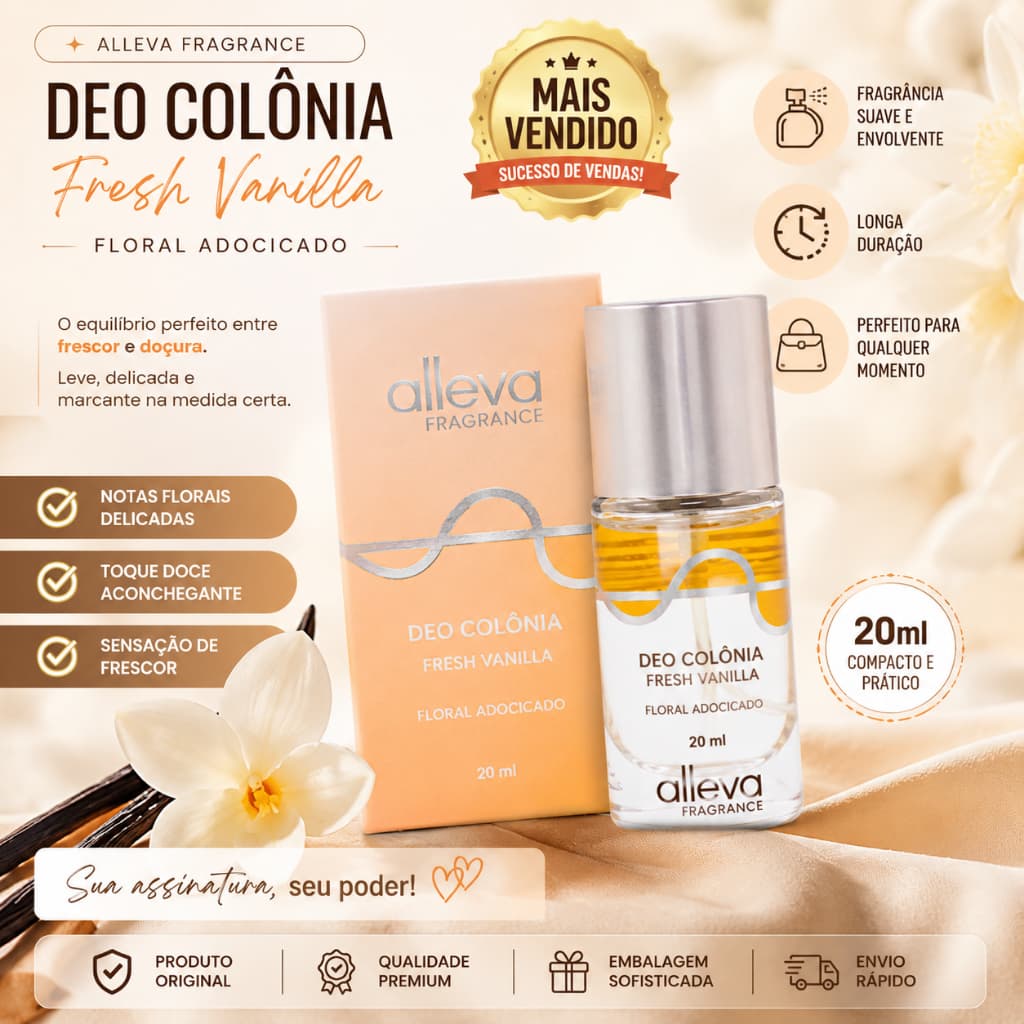 Alleva Deo Colônia Corporal Fresh Vanilla 20ML Fragrância Floral Adocicado para Mulheres Elegantes e Sofisticadas Perfum