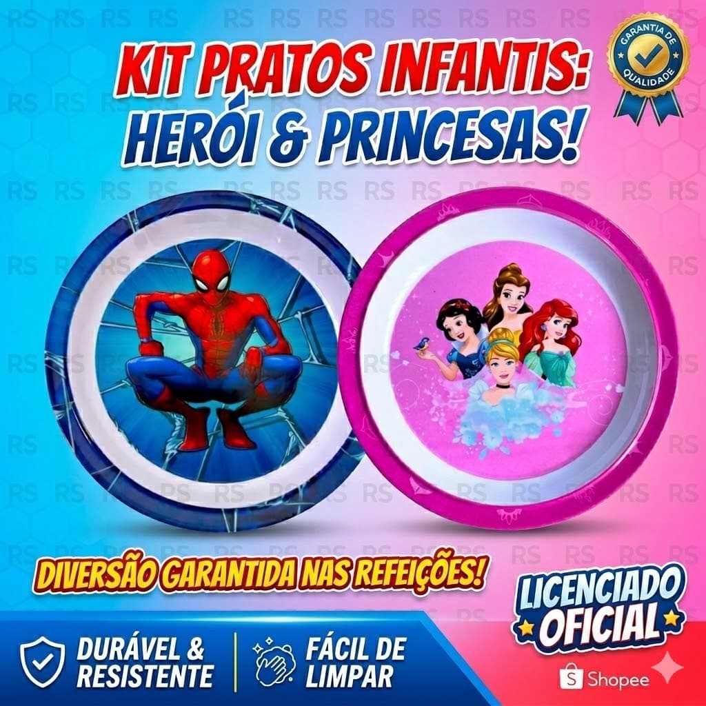 Kit Prato Infantil 22cm Homem-Aranha ou Princesas Disney Resistente Marvel Divertido Refeição Tea