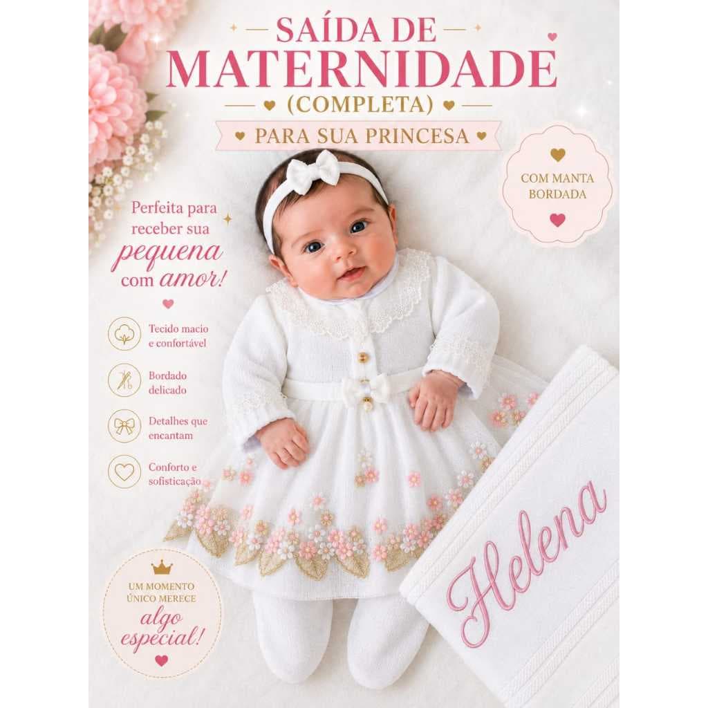 Saída De Maternidade Menina Bebê Luxo Trico 4 peças Vestido Calça Body Manta Personalizada