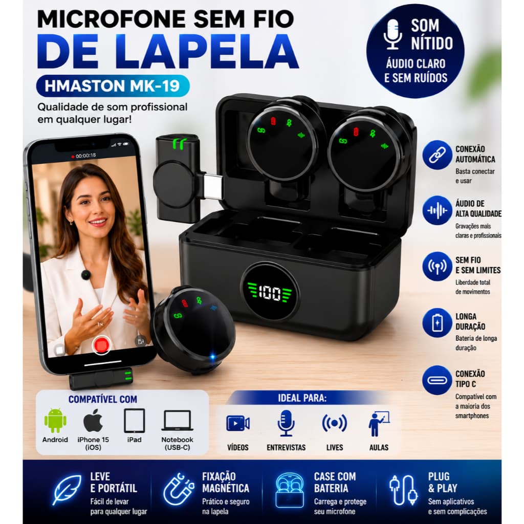Microfone Sem Fio MK19 Tipo C Original | Lapela Wireless Para Android Gravação e Entrevistas