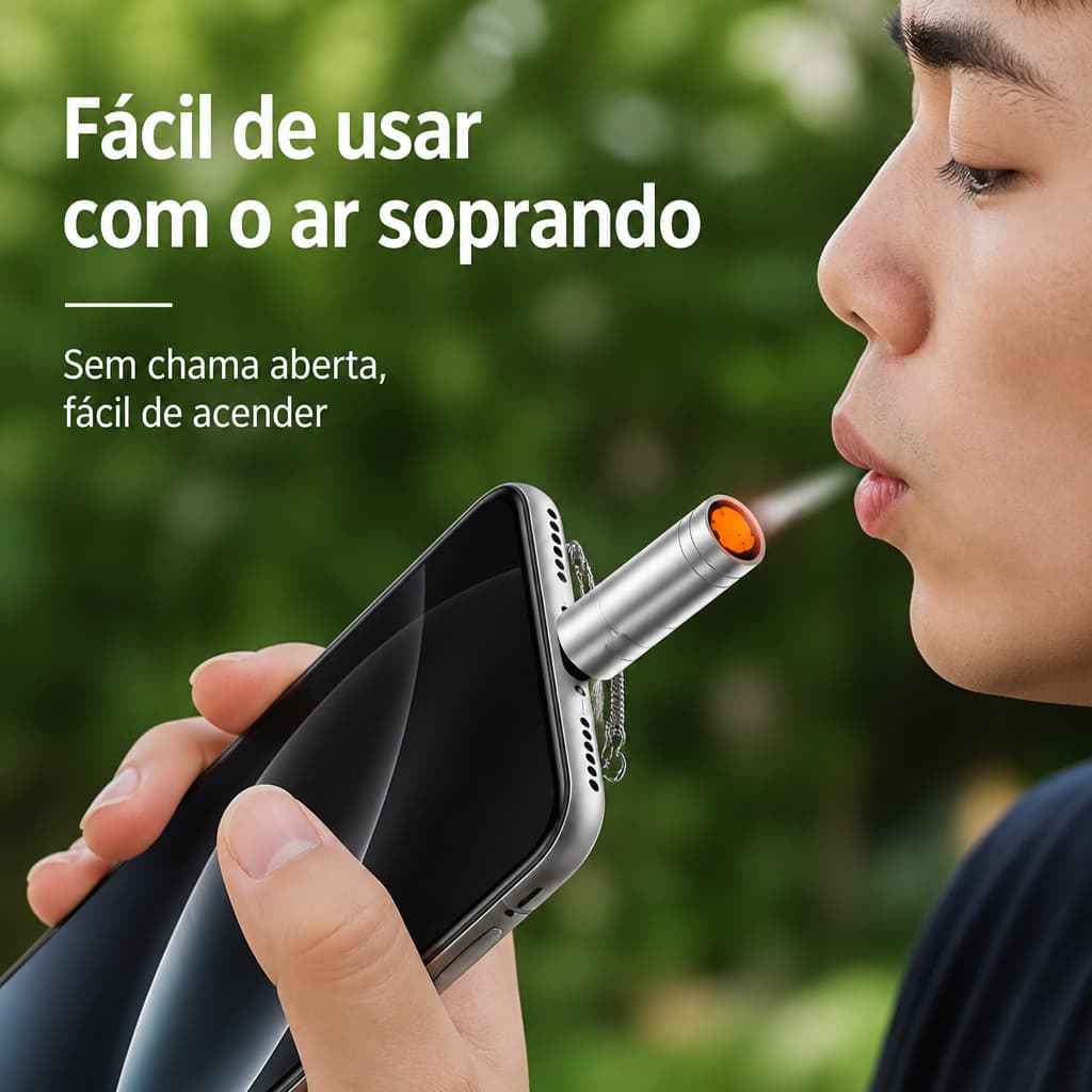 Isqueiro compacto soprável sem chama não apaga com vento, material liga de alumínio resistente