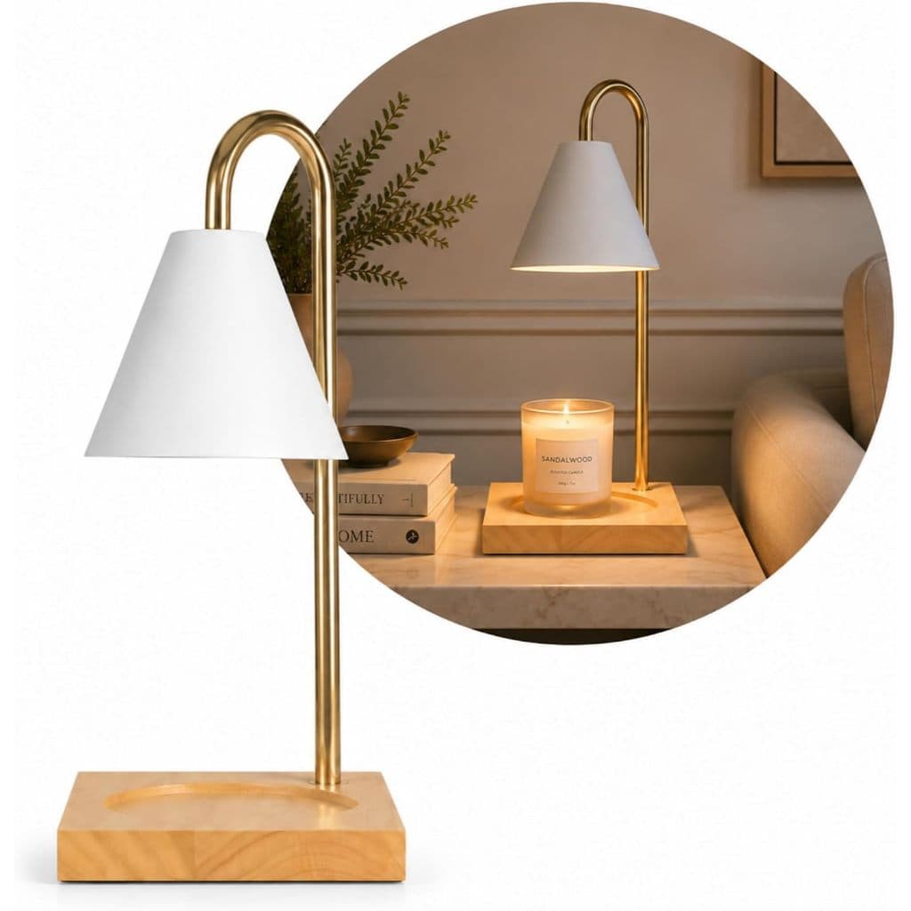 Luminária Aquecedora de Vela c/ Base de Madeira e Suporte de Metal Abajur Cabeceira Mesa Decorativa