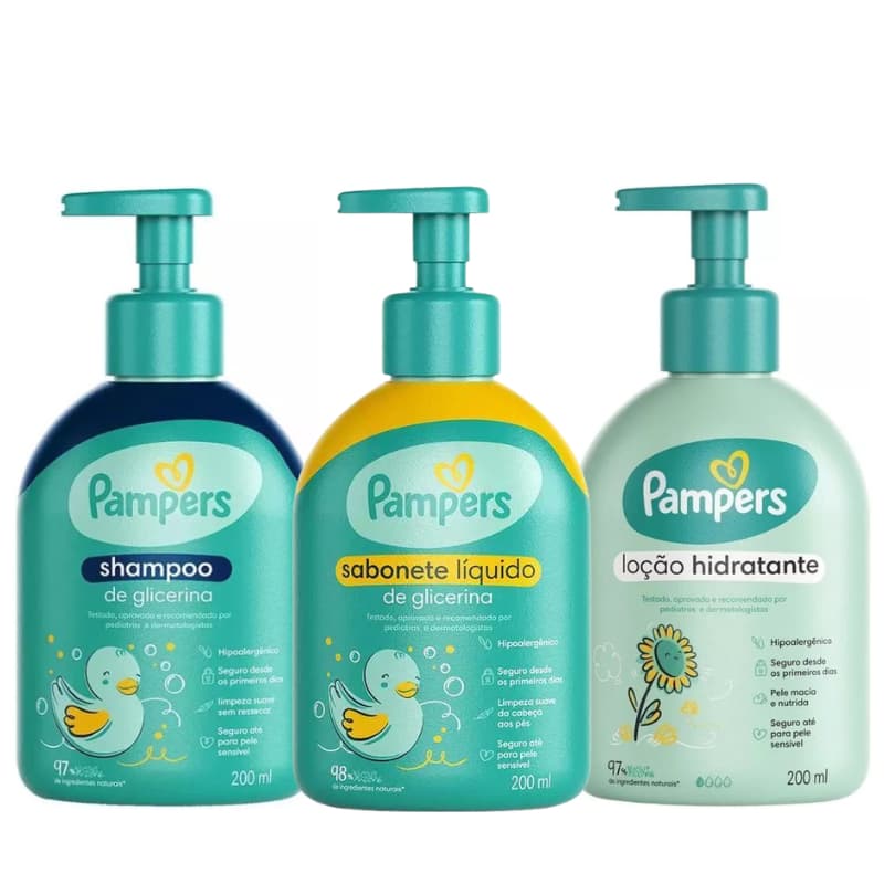 Kit Pampers Baby Care Shampoo Sabonete Líquido Glicerina Loção Hidratante 200ml Bebê