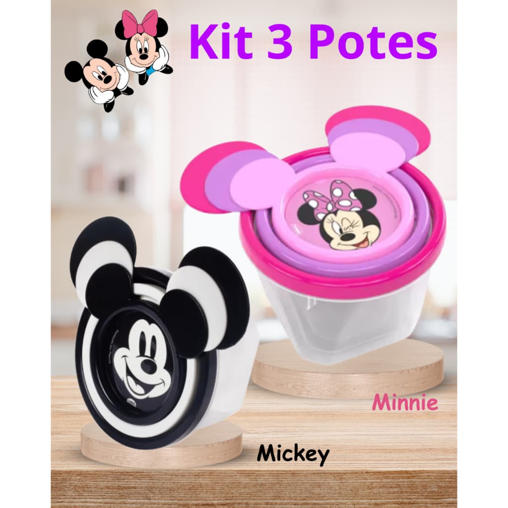 Kit 3 Potes Mickey/Minnie C/ Orelhas Lanche Escola Passeio - Plasútil Clássicos Disney