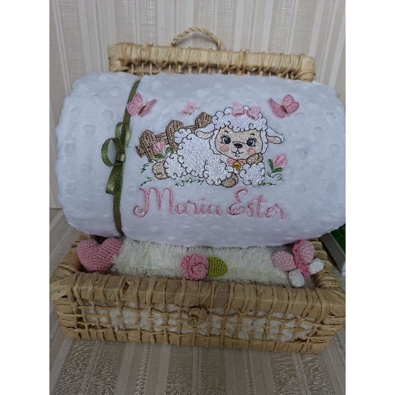 Manta Bordada personalizada do bebê com Naninha ovelha 80x80cm Maternidade Rn